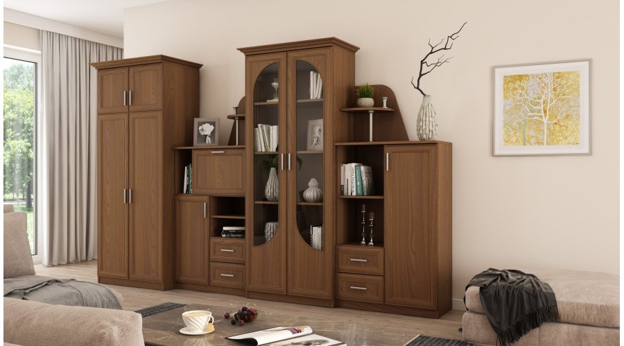 Classic wall cabinet with large glass display case, bar, linen cabinet and spacious 320 × 207 cm Wiśnia Porto – TEXAS + Wardrobe - Image 2