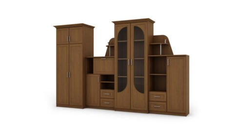 Classic wall cabinet with large glass display case, bar, linen cabinet and spacious 320 × 207 cm Wiśnia Porto – TEXAS + Wardrobe