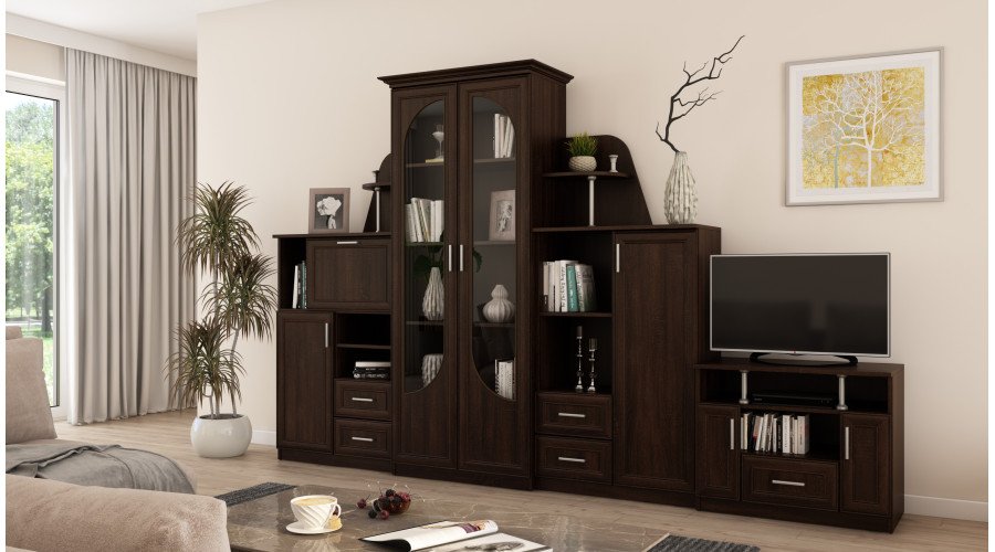 Classic wall cabinet with large glass display case, bar, linen cabinet and TV stand 240 × 207 cm Sonoma Ciemna – TEXAS + RTV - Image 2