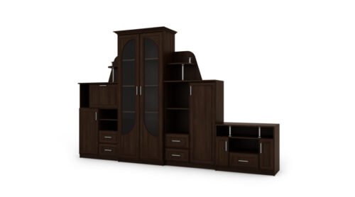 Classic wall cabinet with large glass display case, bar, linen cabinet and TV stand 240 × 207 cm Sonoma Ciemna – TEXAS + RTV