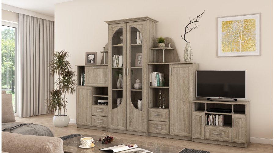 Classic wall cabinet with large glass display case, bar, linen cabinet and TV stand 240 × 207 cm Sonoma Jasna – TEXAS + RTV - Image 2