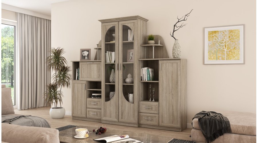 Classic wall cabinet with large glass display case, bar and linen cabinet 240 × 207 cm Sonoma Jasna – TEXAS - Image 2