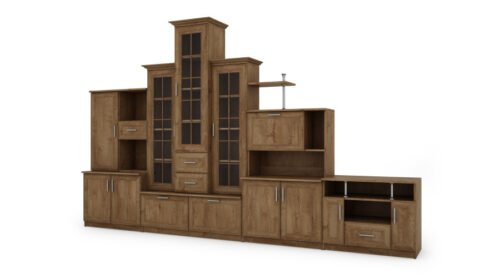 Classic wall cabinet with triple display cabinet, bar and TV table, 280 × 207 cm, Dąb Lefkas – HADES + RTV