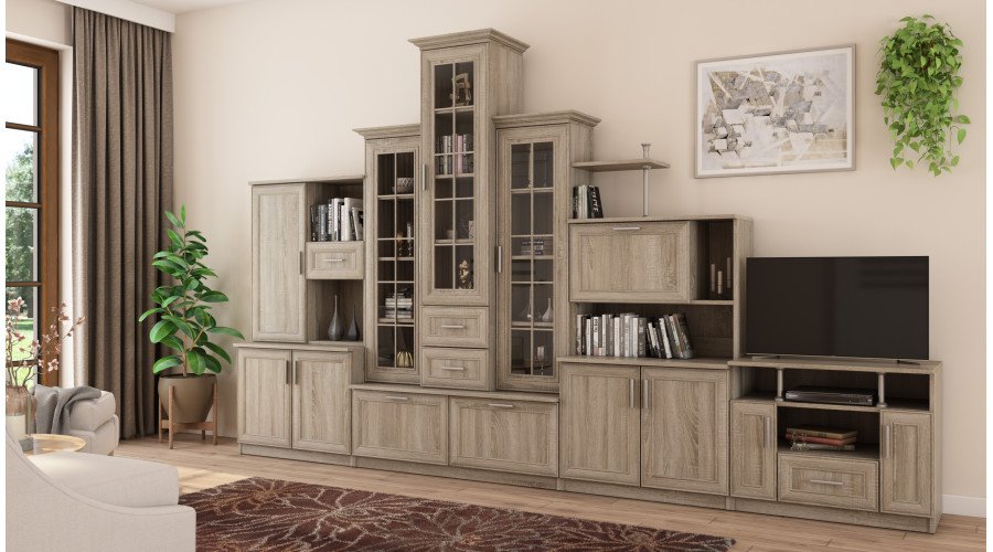 Classic wall cabinet with three display cabinets, bar and TV cabinet, 280 × 207 cm, Sonoma Jasna – HADES + RTV - Image 2