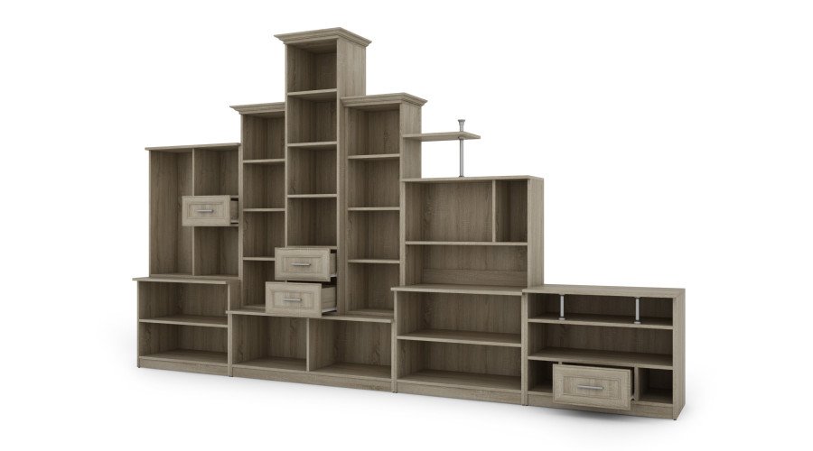 Classic wall cabinet with three display cabinets, bar and TV cabinet, 280 × 207 cm, Sonoma Jasna – HADES + RTV - Image 3