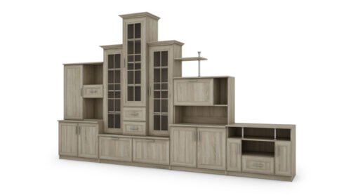 Classic wall cabinet with three display cabinets, bar and TV cabinet, 280 × 207 cm, Sonoma Jasna – HADES + RTV