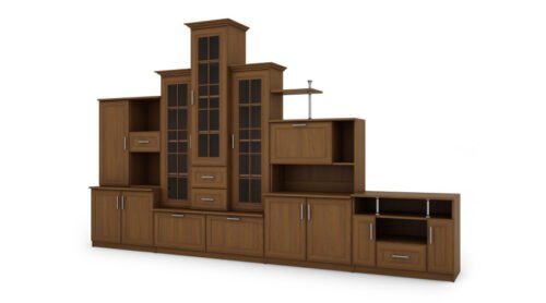 Classic wall cabinet with three display cabinets, bar and TV cabinet 280 × 207 cm, Wiśnia Porto – HADES + RTV