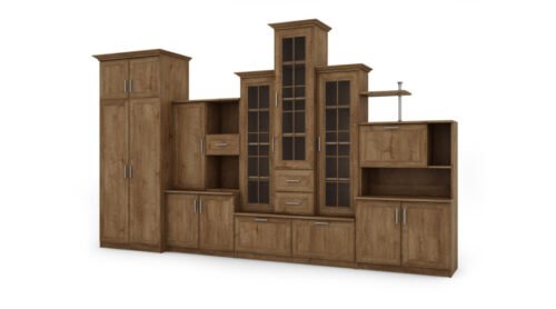Classic wall cabinet with three display cabinets and a spacious wardrobe, 360 × 207 cm, Dąb Lefkas – HADES + Wardrobe