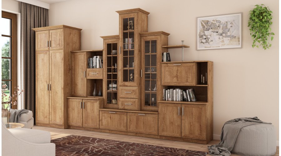 Classic wall cabinet with three display cabinets and a spacious wardrobe, 360 × 207 cm, Dąb Lefkas – HADES + Wardrobe - Image 2