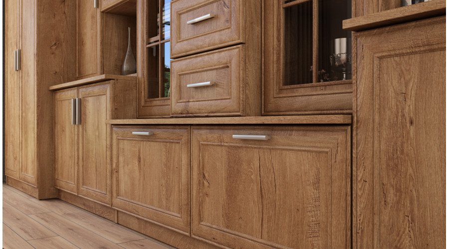 Classic wall cabinet with three display cabinets and a spacious wardrobe, 360 × 207 cm, Dąb Lefkas – HADES + Wardrobe - Image 3
