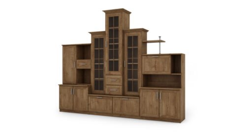 Classic wall cabinet with three-part display case and bookshelf, 280 × 207 cm, Dąb Lefkas – HADES