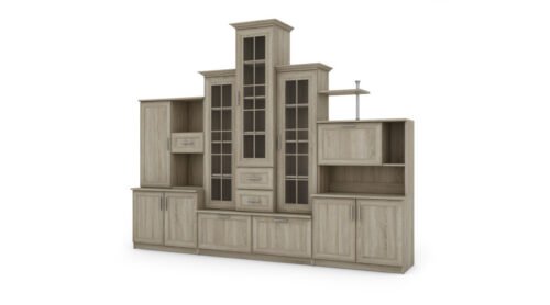 Classic wall cabinet with three-part display case and bookshelf, 280 × 207 cm, Sonoma Jasna – HADES