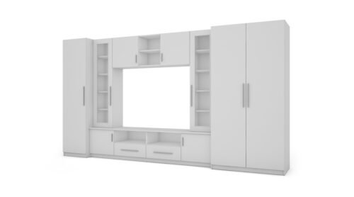 Compact wall cabinet with cabinets, glass display cabinets and TV area, 370 × 200 cm, Biel – NEPTUN