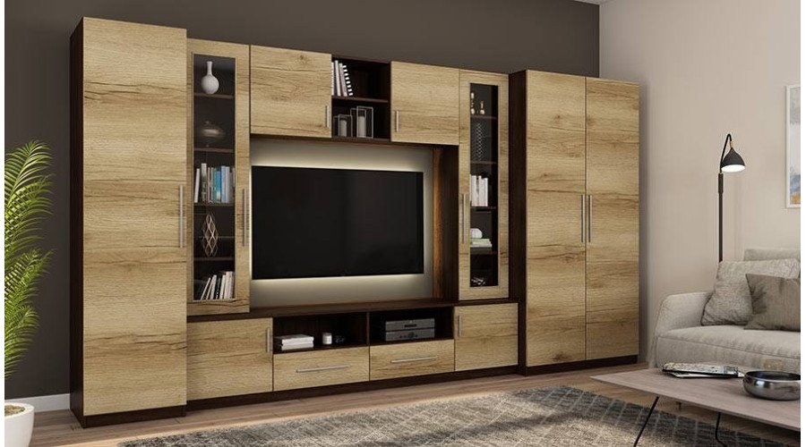 Compact wall cabinet with cabinets, glass display cabinets and TV area 370 × 200 cm, dark Sonoma Ciemna / Dąb Grand – NEPTUN - Image 2