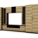 Compact wall cabinet with cabinets, glass display cabinets and TV area 370 × 200 cm, dark Sonoma Ciemna / Dąb Grand – NEPTUN