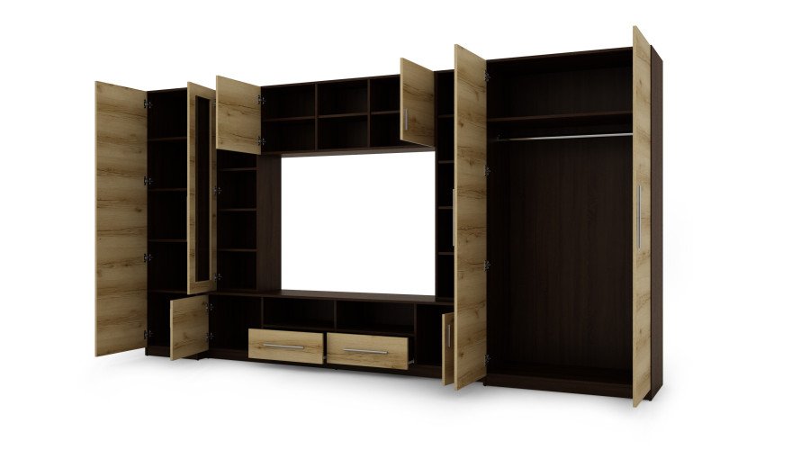 Compact wall cabinet with cabinets, glass display cabinets and TV area 370 × 200 cm, dark Sonoma Ciemna / Dąb Grand – NEPTUN - Image 3