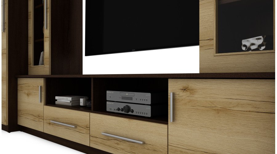 Compact wall cabinet with cabinets, glass display cabinets and TV area 370 × 200 cm, dark Sonoma Ciemna / Dąb Grand – NEPTUN - Image 5