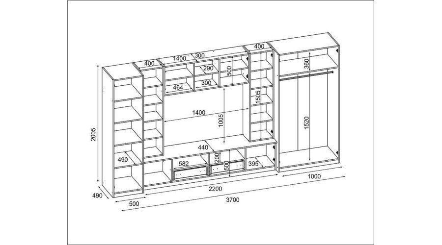 Compact wall cabinet with cabinets, glass display cabinets and TV area 370 × 200 cm, dark Sonoma Ciemna / Dąb Grand – NEPTUN - Image 6