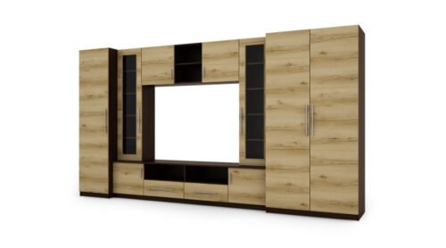 Compact wall cabinet with cabinets, glass display cabinets and TV area 370 × 200 cm, dark Sonoma Ciemna / Dąb Grand – NEPTUN