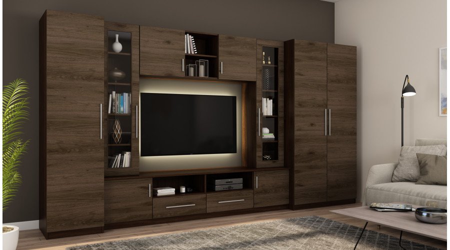 Compact wall cabinet with cabinets, glass display cabinets and TV area, 370 × 200 cm, Sonoma Ciemna / Orzech Okapi – NEPTUN - Image 2