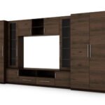 Compact wall cabinet with cabinets, glass display cabinets and TV area, 370 × 200 cm, Sonoma Ciemna / Orzech Okapi – NEPTUN