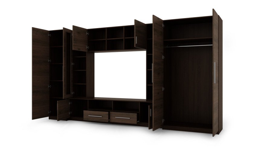 Compact wall cabinet with cabinets, glass display cabinets and TV area, 370 × 200 cm, Sonoma Ciemna / Orzech Okapi – NEPTUN - Image 3
