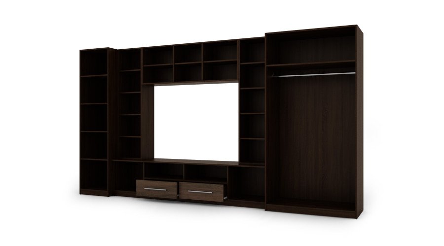 Compact wall cabinet with cabinets, glass display cabinets and TV area, 370 × 200 cm, Sonoma Ciemna / Orzech Okapi – NEPTUN - Image 4