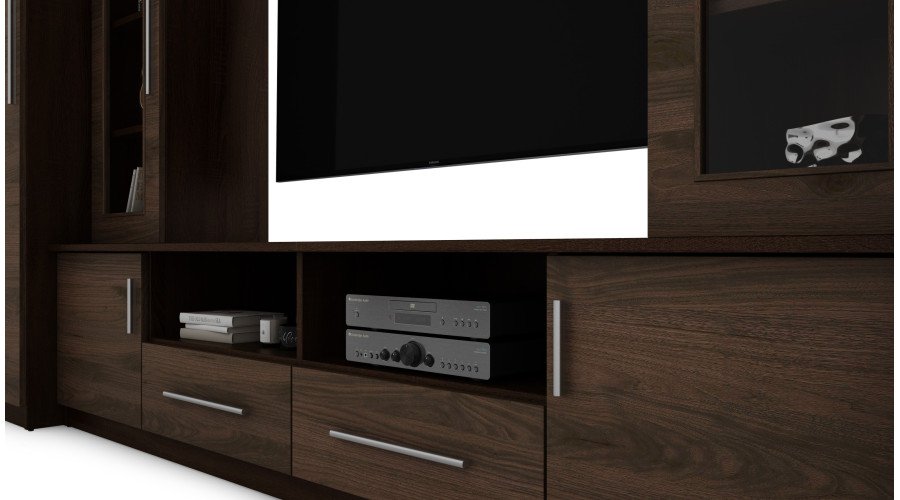 Compact wall cabinet with cabinets, glass display cabinets and TV area, 370 × 200 cm, Sonoma Ciemna / Orzech Okapi – NEPTUN - Image 5