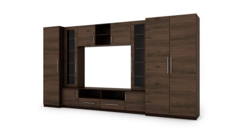 Compact wall cabinet with cabinets, glass display cabinets and TV area, 370 × 200 cm, Sonoma Ciemna / Orzech Okapi – NEPTUN