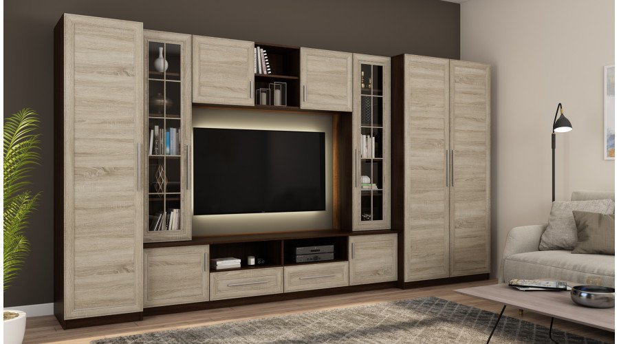 Compact wall cabinet with cabinets, glass display cabinets and TV area 370 × 200 cm Sonoma Ciemna / Sonoma Jasna – NEPTUN - Image 2