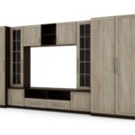 Compact wall cabinet with cabinets, glass display cabinets and TV area 370 × 200 cm Sonoma Ciemna / Sonoma Jasna – NEPTUN