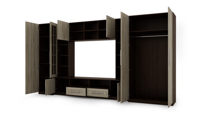 Compact wall cabinet with cabinets, glass display cabinets and TV area 370 × 200 cm Sonoma Ciemna / Sonoma Jasna – NEPTUN - Image 3