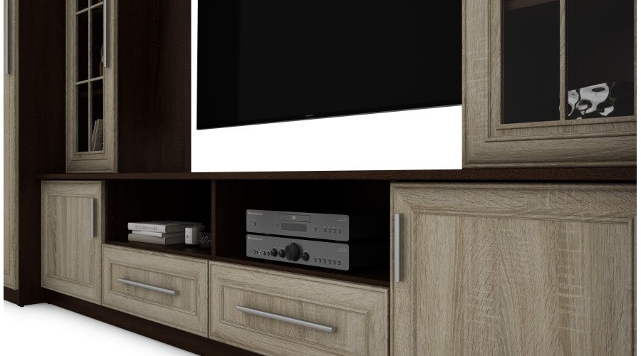 Compact wall cabinet with cabinets, glass display cabinets and TV area 370 × 200 cm Sonoma Ciemna / Sonoma Jasna – NEPTUN - Image 5