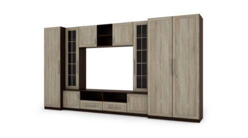 Compact wall cabinet with cabinets, glass display cabinets and TV area 370 × 200 cm Sonoma Ciemna / Sonoma Jasna – NEPTUN