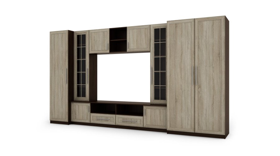 Compact wall cabinet with cabinets, glass display cabinets and TV area 370 × 200 cm Sonoma Ciemna / Sonoma Jasna – NEPTUN