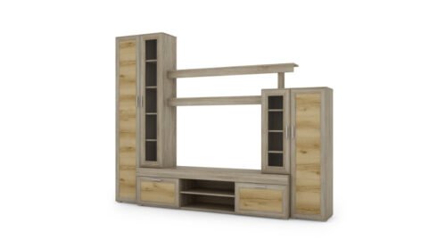 Small wall cabinet with display cabinet and TV stand, 266 × 210 cm, Sonoma Jasna / Grand Natural Oak – APOLLO