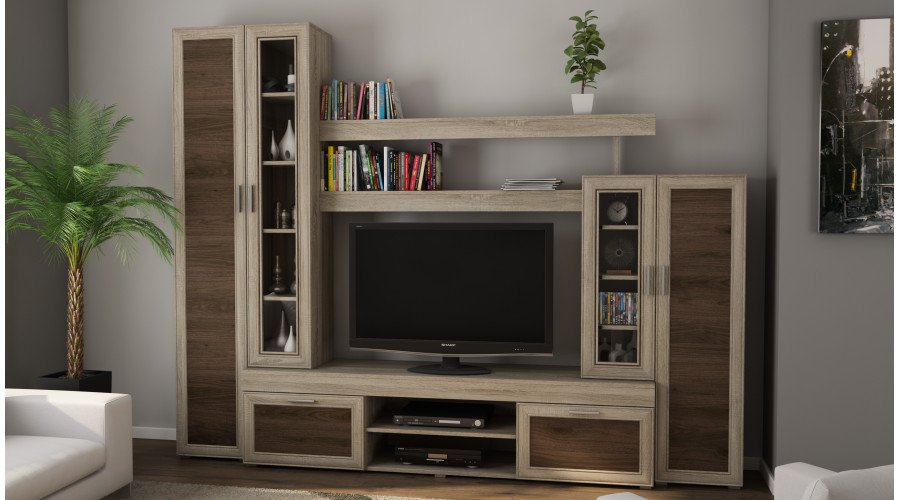 Small wall cabinet with display cabinet and TV space 266 × 210 cm, Sonoma Jasna / Orzech Okapi – APOLLO - Image 2