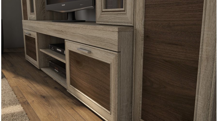Small wall cabinet with display cabinet and TV space 266 × 210 cm, Sonoma Jasna / Orzech Okapi – APOLLO - Image 4