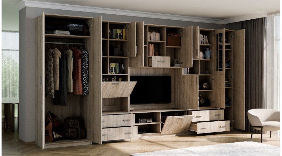Spacious wall cabinet, 400 cm wide, cabinets, cupboards, TV, shelves, bar, Biel- CYKLON - Image 6