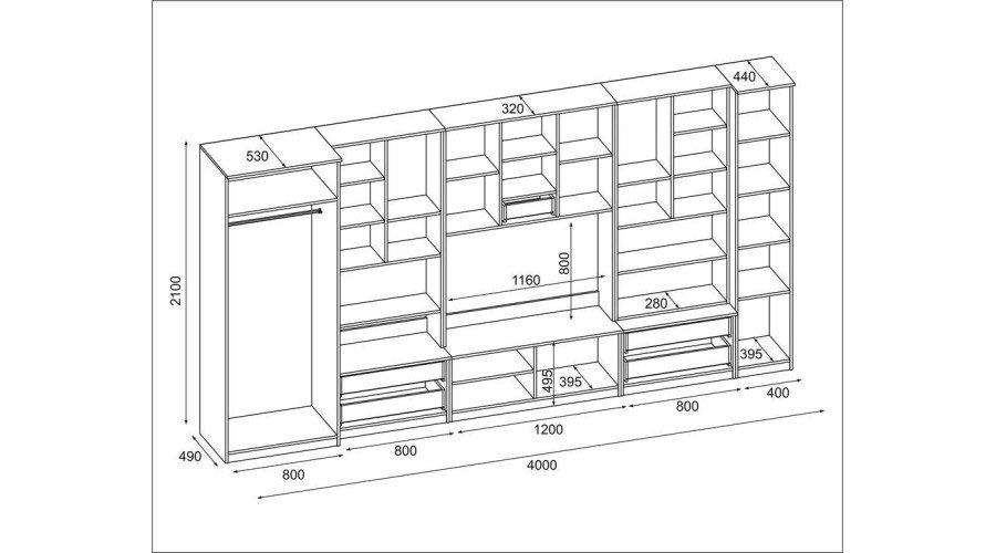 Spacious wall cabinet, 400 cm wide, cabinets, cupboards, TV, shelves, bar, Biel- CYKLON - Image 7