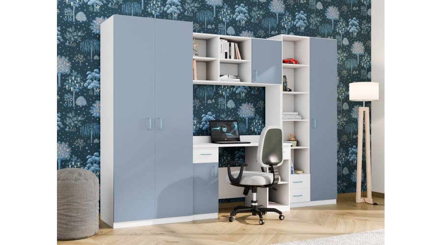 Children's wall cabinet with table, shelves and two wardrobes 280 × 200 cm Biel / Niebieski Kredowy – BRAVO - Image 2
