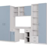 Children's wall cabinet with table, shelves and two wardrobes 280 × 200 cm Biel / Niebieski Kredowy – BRAVO