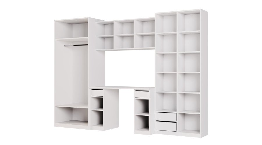 Children's wall cabinet with table, shelves and two wardrobes 280 × 200 cm Biel / Niebieski Kredowy – BRAVO - Image 3