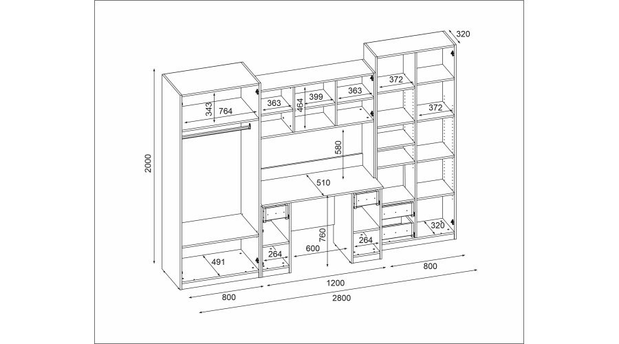 Children's wall cabinet with table, shelves and two wardrobes 280 × 200 cm Biel / Niebieski Kredowy – BRAVO - Image 5