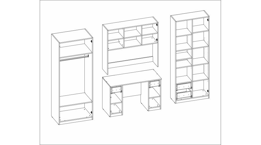 Children's wall cabinet with table, shelves and two wardrobes 280 × 200 cm Biel / Niebieski Kredowy – BRAVO - Image 6