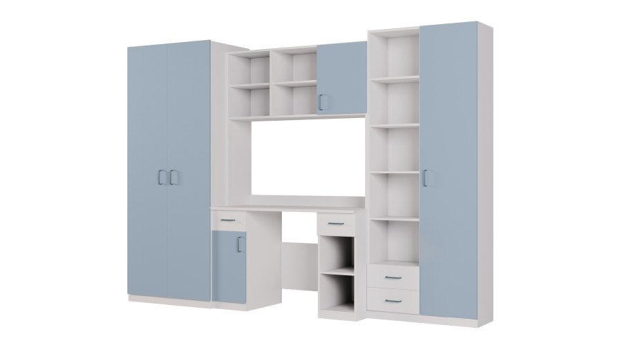 Children's wall cabinet with table, shelves and two wardrobes 280 × 200 cm Biel / Niebieski Kredowy – BRAVO