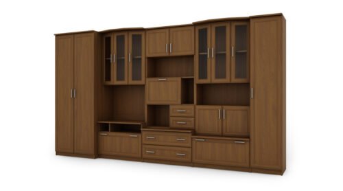 Wall cabinet with spacious cabinets, shelves, cupboards, TV, display cases, width 360 cm – HAVANA Wiśnia Porto