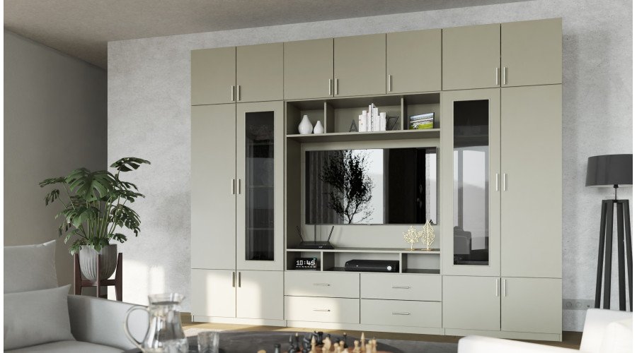 TV cabinet with glass display cabinets, 303 × 240 cm, Cashmere Beige – VERO - Image 2
