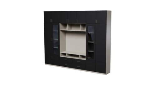 TV wall cabinet with glass display cabinets, 303 × 240 cm, Cashmere Beige / Black Onyx – VERO