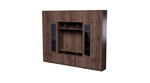TV wall cabinet with glass display cabinets 303 × 240 cm, Orzech Okapi – VERO